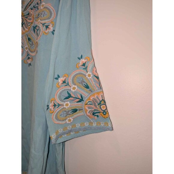 Soft Surroundings Women's Blue Embroidered 3/4 Sleeve V-Neck Tunic Top - Picture 13 of 15